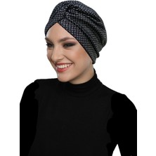 ELYSIANfidan Çapraz Desenli Varaklı Astarlı Siyah-Gümüş Hazır Türban Tesettür Bone