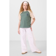 Açık Yeşil O Yaka  Pamuklu Baskılı Oversize Fit Kız Çocuk T-Shirt - 75179