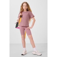 Gül Kurusu Pamuklu O Yaka Oversize Fit Basic Kız Çocuk T-Shirt - 75182