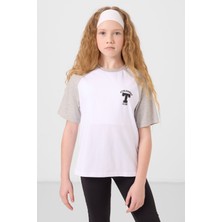 Beyaz O Yaka  Pamuklu Baskılı Oversize Fit Kız Çocuk T-Shirt - 75179
