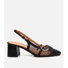 Hotiç Kadın Deri Siyah Fileli Arkası Açık Topuklu Ayakkabı