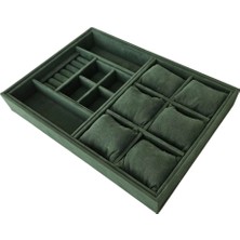 Organizatör Koyu Yeşil Süet Tabla Kolye & Yüzük Düzenleyici ve Gözlük(6 Yastık)(4 Bölmeli)(Rulo)