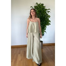 Yeni Sezon Yeşil Askılı Yazlık Takım Bol Paça Palazzo Pantolon Rahat Şık Kombin Tatil Bohem Stil
