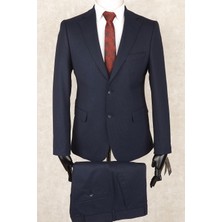 Jan Carlucci Slim Fit Mono Yaka-Çift Yırtmaç Lacivert  Kareli Yelekli Drop 6  Takım Elbise