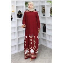 Sefa Merve Kolu Lastikli Desenli Elbise 0084-04 Bordo