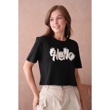 Siyah Yazlık Crop Basic T-Shirt