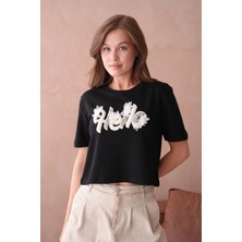 Siyah Yazlık Crop Basic T-Shirt