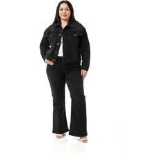 Büyük Beden Göğüsten Çift Cepli Kısa Siyah Denim Ceket