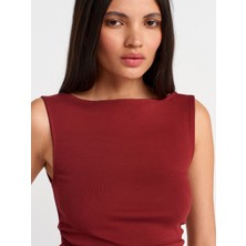 31589 Büzgülü Kayık Yaka Top-Açık Bordo