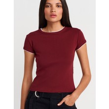 31750 Kontrast Kısa Kollu Tshirt-Açık Bordo