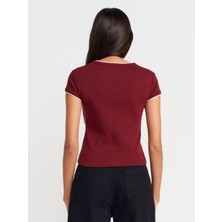 31750 Kontrast Kısa Kollu Tshirt-Açık Bordo