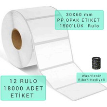 30 x 60 mm Pp Opak Etiket, 1500'LÜK Rulo/sarım, "12 Rulo, 18000 Adet" Hotmelt Extra Güçlü Yapışkanlı.  Yırtılmaz, Islanmaz Etiket.  2 Adet Wax Resin Ribon Hediye.