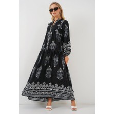 Alinn Butikk 2423 Otantik Desenli Tesettür Elbise - Siyah 11