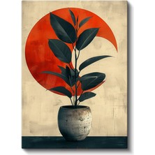 Minimalist Bitki - Kırmızı Daire Fonlu Saksılı Yaprak Kanvas Tablo