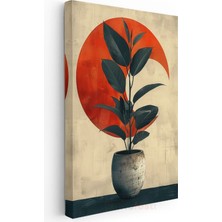Minimalist Bitki - Kırmızı Daire Fonlu Saksılı Yaprak Kanvas Tablo