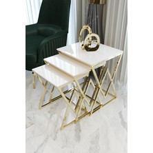 Masal 3'lü Kare Zigon Sehpa Seti Gold Ayak, Krem Mdf