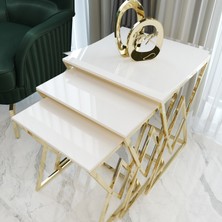 Masal 3'lü Kare Zigon Sehpa Seti Gold Ayak, Krem Mdf