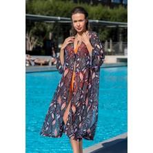 Rukomayo  Siyah Yaprak Desenli Önden Bağlamalı Esnek Şifon Kumaş Elbise Pareo