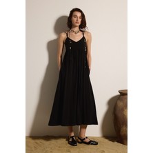 Babokah Askılı Kuplu Kupro Maxi Elbise