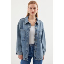 Alinn Butikk 0694 Çift Cepli Oversize Denim Ceket - Buz Mavi
