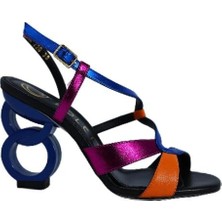 Poletto  Hakiki Deri Sax Mavı-Turuncu-Fusya-Sıyah Sandalet Topuklu 6564 220