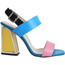 Poletto  Hakiki Deri /tekstil Pembe-Sıyah-Sarı Sandalet Topuklu 6564 161 V1