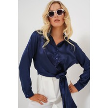 Gökyüzü Moda Bağlamalı Uzun Kol Saten Gömlek 20287 - Lacivert