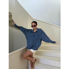 Kadın Indigo Modal Kumaş Oversize Gömlek 29181