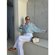 Kadın Mavi Modal Kumaş Oversize Gömlek 29181