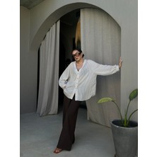 Kadın Bej Modal Kumaş Oversize Kesim Çizgili Gömlek 29208