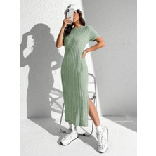 Aisha Elbise Kadın Kısa Kollu Bisiklet Yaka Yırtmaç Detay Fitilli Kaşkorse Tam Boy Elbise