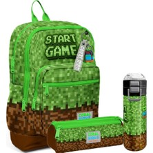 Kids Yeşil Kahverengi High Craft Desenli 3’lü Okul Çanta Seti (Çanta, Kalemlik, Matara)