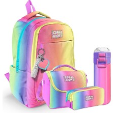 Kids Renk Geçişli Desenli 4’lü Okul Çanta Seti (Okul Çantası, Beslenme, Kalemlik, Matara)