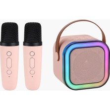 K12 Kablosuz Bluetooth Hoparlör Pembe Karaoke 2 Mikrofon Hediyeli Ses Efektli Rgb Hd Stereo Ses Usb/sd