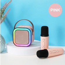 K12 Kablosuz Bluetooth Hoparlör Pembe Karaoke 2 Mikrofon Hediyeli Ses Efektli Rgb Hd Stereo Ses Usb/sd
