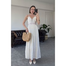 Askılı Özel Tasarım Brodeli Elbise- Beyaz