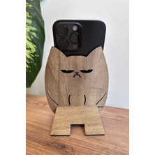Ahşap Somurtan Kedi Telefon ve Tablet Tutucu - Masa Üstü Sabitleyici Stand Telefon Tutacağı