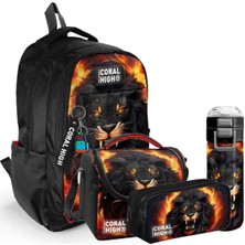 Kids Siyah Aslan Desenli 4’lü Okul Çanta Seti (Okul Çantası, Beslenme, Kalemlik, Matara)