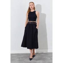 Kadın Siyah Palaska Kemerli Önü Cepli Gabardin Etek