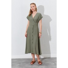 Kadın Çağla Kruvze Yaka Eteği Düğmeli Modal Elbise