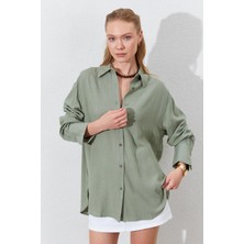 Kadın Haki Oversize Keten Gömlek