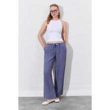 Kadın Gri Beli Ip Bağlamalı Keten Yan Cepli Bol Paça Pantolon