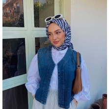A Logolu Lacivert Beyaz Pamuk Eşarp