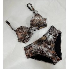 Kadın Kahverengi Leopar Desenli Astarlı Büyük Beden Bikini Takımı HZL25S-LC25006