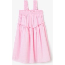 Açık Pembe Kız Çocuk Texture Fırfırlı Kolsuz Elbise