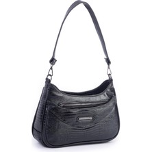 Nas Bag Kadın Omuz ve Çapraz Baget Çanta - Siyah Lazer (28X17 Cm)