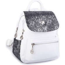 Nas Bag Kadın Sırt Çantası Çift Gözlü Spor Çanta ( 23X26X14 cm ) - Beyaz Krsk Rugan