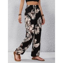 Nidam Butik Kadın Yüksek Bel Bağcıklı Yaprak Desenli Süprem Pantolon