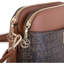 Nas Bag Kadın Çapraz Çanta Iki Gözlü Şık Çanta - Kahve Taba Yazılı