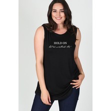 Büyük Beden Overthink Baskılı Kolsuz Viskon Basic Bluz